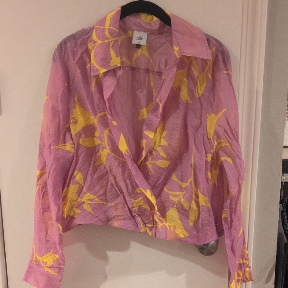CAbi Pink and Yellow Wrap Blouse